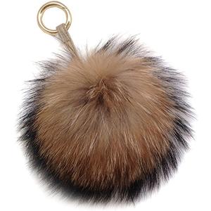 6" Large Fluffy Genuine Pom Pom Keychain Puffy Ball Car Keyring/Bag Purse Charm (Natural brown)