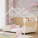 Timy House Shape Twin Size Montessori House Bed Metal Floor Bed with Storage Rack and Caddy Twin Bedframe for Kids No Box Spring Needed White, Shelf 