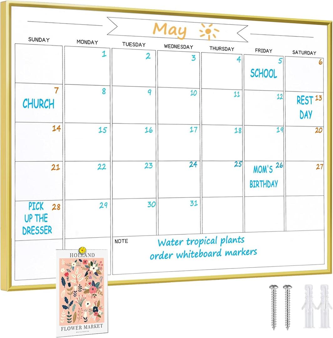 Dry Erase Monthly Calendar Whiteboard, 18"x 24" Gold Aluminum Frame, Magnetic White Board for Wall Office/School/Home, Hanging Board for Decoration/Kitchen Grocery ListYL-Gold-4560-B
