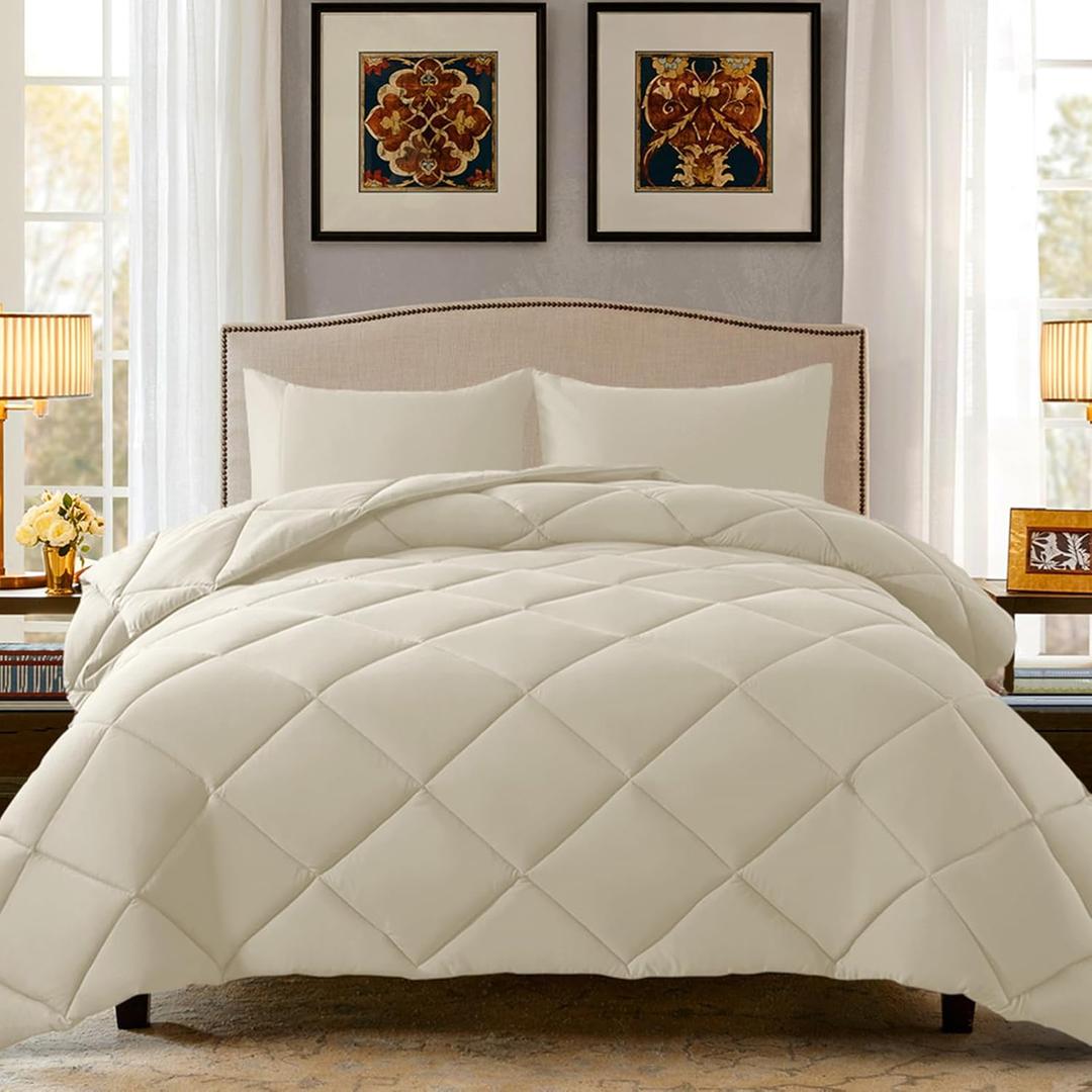 ELNIDO QUEEN Full Size Comforter Set - Beige All Seasons Bedding Comforters & Sets with 2 Pillow Cases - 3 Pieces Soft Quilted Warm Fluffy Bed Set - Down Alternative Comforter Set - Full(82x86 inch)