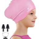 Kids Long Hair Swim Cap for Girls Boys, 3 Size Silicone Swimming Cap for Age 1-15 Toddler Children Teens, Waterproof Swim Hats Bathing Caps with Ear Plugs & Nose Clip to Keep Hair Dry(Age 3-8/Pink)