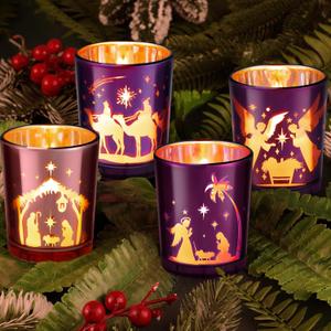 Yinder 4 Pcs Christmas Advent Candle Holder Nativity Scene Candle Holder Glass Purple and Pink Tealight Candle Holders for Holiday Xmas Wedding Church Home Decor, 4 Styles