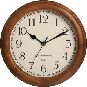 Wooden Wall Clock with Retro Design, 11 Inches Round Wall Clocks Battery Operated Silent Non-Ticking, Big Arabic Numerals, for Kitchen Living Room Classroom Gym and Pool, Brown