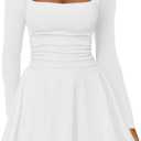 Kaximil Women's Square Neck Ruffle Hem Mini Dress Ruched Waist Long Sleeve Corset Short Party Dresses (Small, White)