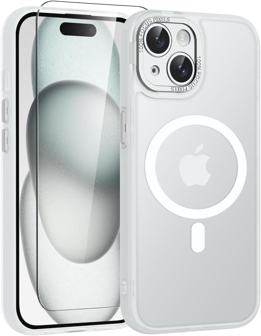 3 x WRJ for iPhone 15 Case, Slim Translucent Matte Magnetic Case for Women Men [Compatible with Magsafe][Enhanced Camera Protection] Anti-Fingerprints Shockproof Cover with Screen Protector-Transparent