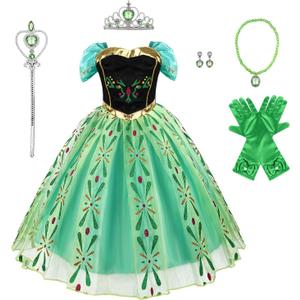 Acecharming Girls Anna Princess Dress, Cosplay Dress Up for Girls Anna Costume Dress Halloween Fancy Birthday Party Dress (5-6 Years, Green+accessories)