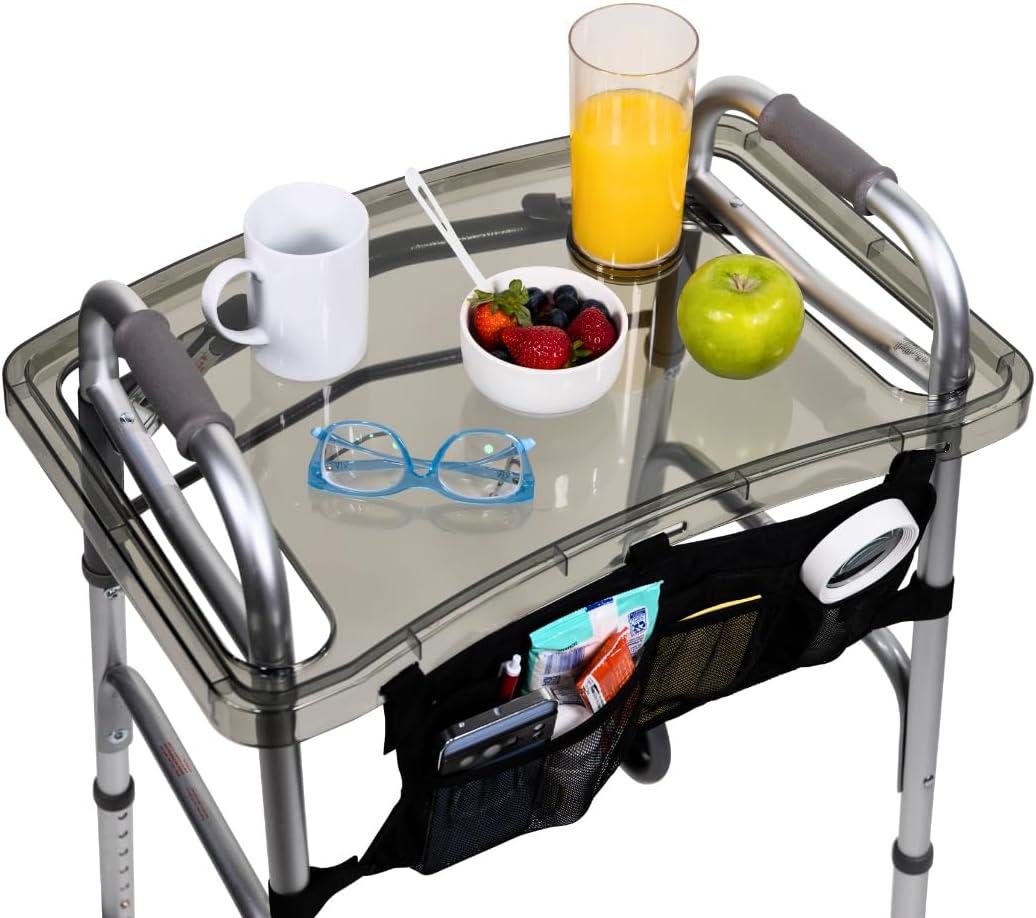StrongArm Clear View Walker Tray + Bag + Non-Slip Mat & Cup Holder, Tray for Folding Walkers, Food Tray, Walker Accessories, Tray Table for Standard Adult Walkers (Black)