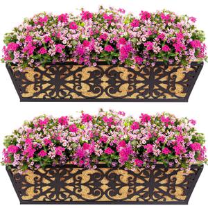 2 Pack 24 Inch Window Boxes Planters Railing Planter Box with Adjustable Brackets & Coco Liners Fabric Plant Grow Bags Deck Railing Planter Boxes Balcony Hanging Flower Box for Outdoor Plants