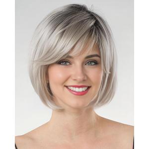 RENERSHOW Grey Bob Short Wigs for White Women Ombre Gray Bob Wig with Bangs Straight Bob Haircuts Heat Synthetic Wigs for Old Lady