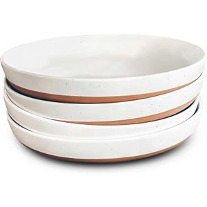 MORA Ceramic Flat Pasta Bowl Set of 4-35oz, Microwave Safe Plate with High Edge - Modern Porcelain Dinnerware for Kitchen and Eating, Large Wide Bowls/Plates for Serving Dinner, Salad, etc- Vanilla