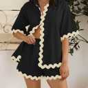 ZESICA Women's Button Down Pajama Set Line Short Sleeve Shirt and Shorts Pj Lounge Sets Sleepwear with Pockets (Black, M)