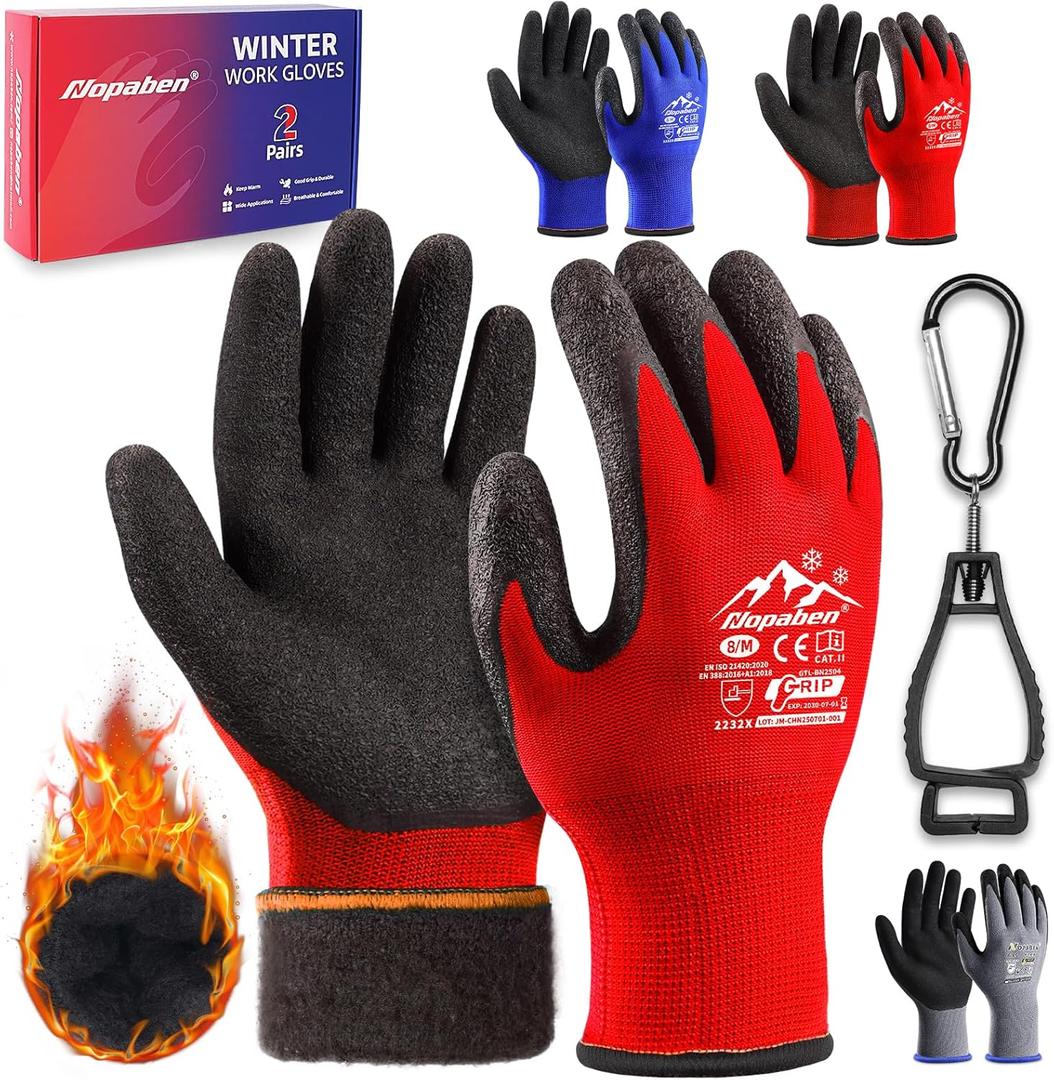 Winter Work Gloves for Men with Grip, Thermal Work Glove for Cold Weather, 2 Pairs Safety Work Glove with Touchscreen Gloves & Clip, Insulated Work Gloves for Men(L)