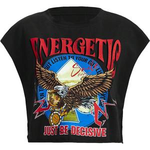 GORGLITTER Women's Graphic Print Cap Sleeve Crop Top Casual Round Neck Short Sleeve T-Shirt (Medium, Black)