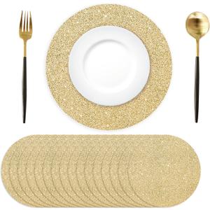 50PCS Light Gold Paper Placemats Disposable 13.4 Inch Shiny Golden Place Mats Round Decorative Glitter Table Mats for Birthday Wedding Holiday Party Decor Sparkle Dining Tableware (Yellow 50)