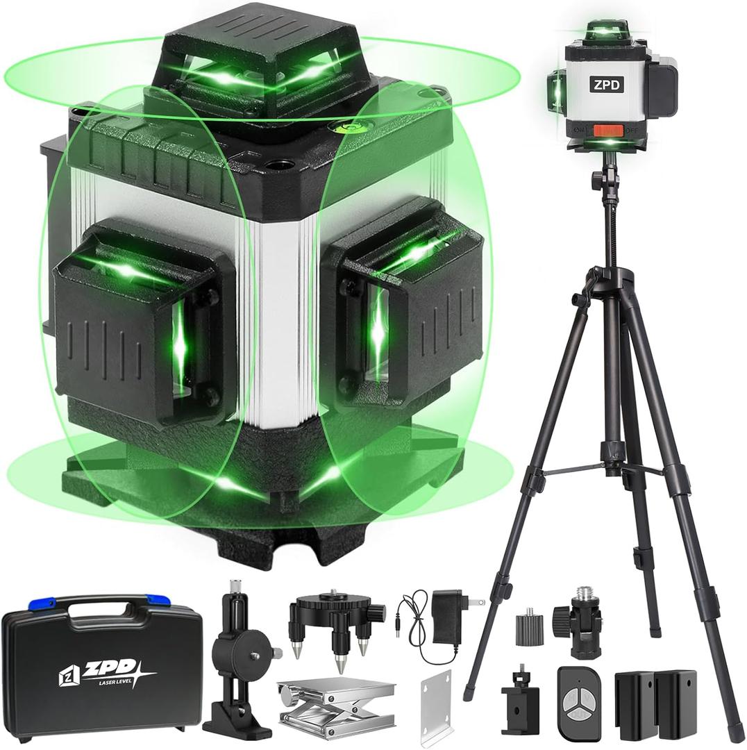 Laser Level, ZPD Laser Level with Tripod, 4 x 360 Self Leveling Laser Measuring Tool Green Lazer Level 16 Line Level Laser 360 Self Leveling for Construction, Home Renovation, Picture Hanging