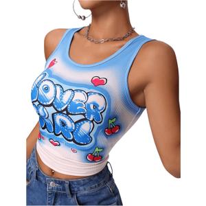 Floerns Women's Letter Print Scoop Neck Shirts Sleeveless Y2k Ribbed Tank Top (Large, Blue)