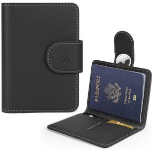 ALLIVE Passport Holder for Travel, Genuine Leather Passport Holder with AirTag Hidden Pocket, Rfid Blocking Passport Cover Travel Wallet for Women Men, Airport Essentials Gift (Black)