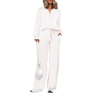 PRETTYGARDEN Women's 2 Piece Outfits Casual Lapel Half Zip Sweatshirts And Wide Leg Pants Tracksuit Sets (Medium, White)