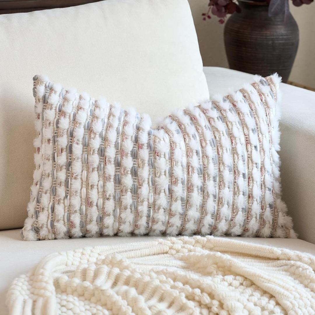 Aeckself Handmae Boho Chenille Tufted Pillow Cover 12x20 Inch, Rectangle Decorative Lumbar Throw Pillow Cover Neutral Pillowcase for Couch Bedroom Living Room, Grey White