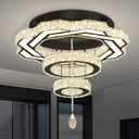 Flashing God Modern Crystal Chandeliers Dia 24" Black Chandelier Flush Mount Ceiling Light for Bedroom Living Room Dining Room Hallway Dimmable 3 Rings LED Ceiling Lighting Fixtures