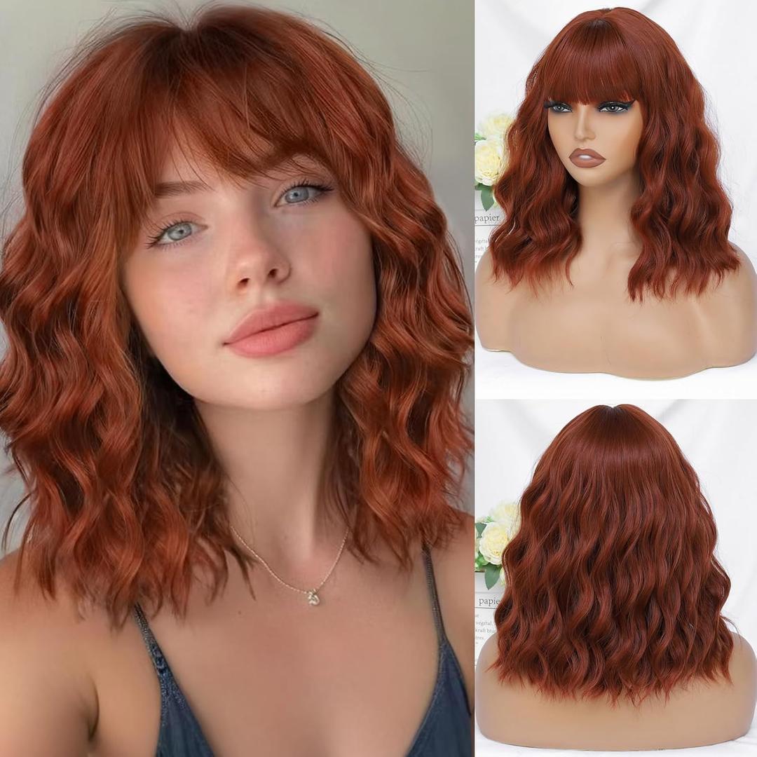 Auburn Wig with Bangs for Women 14 Inch Shoulder Length Short Bob Wavy Curly Auburn Wig Heat Resistant Synthetic Wigs