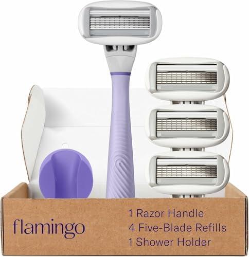 Flamingo Shaving Razor Set for Women - Original Razor Handle, 3 Blade Refills, and Shower Holder - Lilac