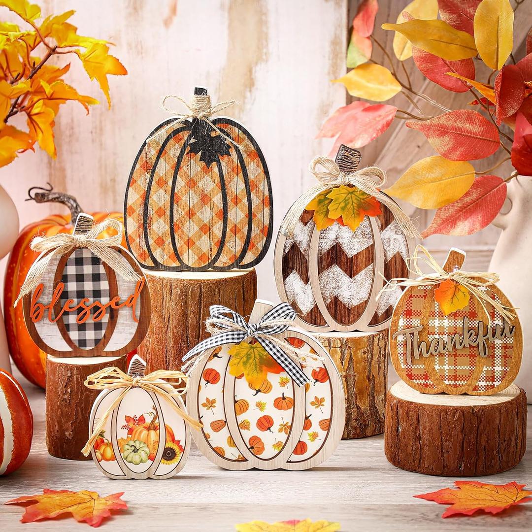 Yousoontic 6 Pcs Thanksgiving Decor for Home Pumpkin Wooden Block Sign Autumn Fall Table Centerpiece for Thanksgiving Tiered Tray Harvest Table Mantel Shelf Decor (Fresh)
