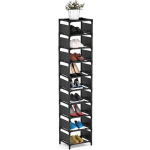 Vertical Shoe Rack, 10 Tier Narrow Shoe Rack for Closet & Entryway, Space Saving Tall Shoe Organizer for Small Spaces, Sturdy Metal Stackable Shoe Shelf Tower for Boots & Heels, Black