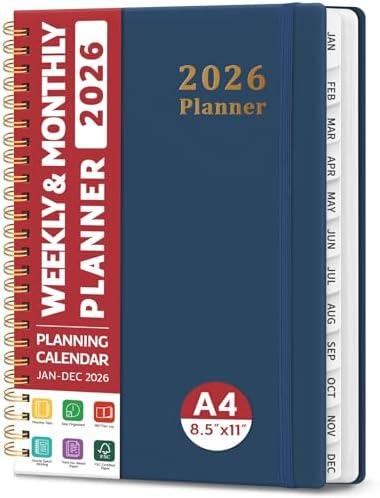 2026 Planner, Weekly and Monthly Calendar Planner, January 2026 - December 2026, Hardcover 2026 Calendar Book with Tabs For Women & Men, Inner Pocket, Spiral Bound, Perfect for Office Home School Supplies - A4 (8.5" x 11"), Navy