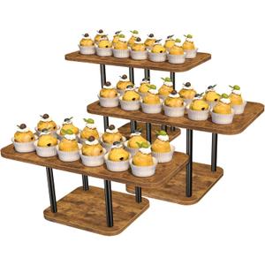 Cupcake Stand Wooden Dessert Table Display Set Rustic Dessert Stands Cupcake Display Stand Rectangle Serving Tray for Party Baby Shower Birthday Graduation Wedding (2 Tier Square-3P)