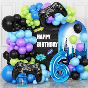 6th Birthday Video Game Balloons Arch Kit, Blue, Black, 101 Pieces, Video Game Themed, Balloon Arch, Decoration, Children (Boys & Girls, Age 6), Unisex