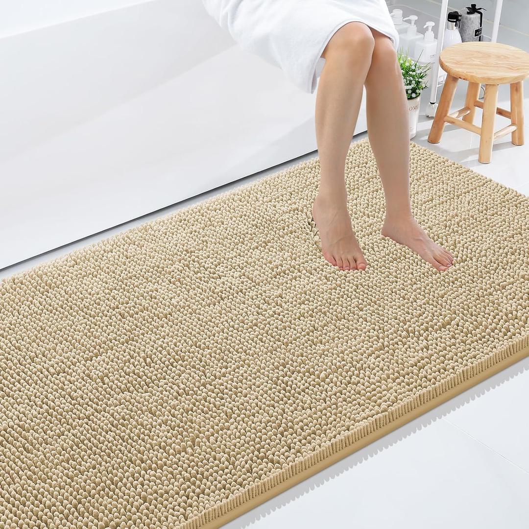 Smiry Luxury Chenille Bathroom Rugs 59x35, Extra Soft and Absorbent Shaggy Bath Mat, Machine Washable, Non-Slip Plush Carpet Runner for Tub, Shower, and Floor, Home Decor Accessories, Beige