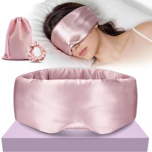 Silk Sleep Mask 22 Momme 100% Mulberry Silk & 3.5cm Silk Hairband Set for Side Sleeper Women Men,Light Blocking Nose Pad, Adjustable Silent Strap,Eye Mask fo Home & Travel Use (Pink)