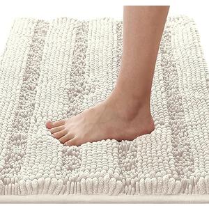 H.VERSAILTEX Bathroom Rugs Bath Rugs for Bathroom Non Slip Bath Mats Extra Thick Chenille Striped Rug 17" x 24" Absorbent Soft Shaggy Washable Dry Fast Bath Mats for Bath Room Floor - Ivory