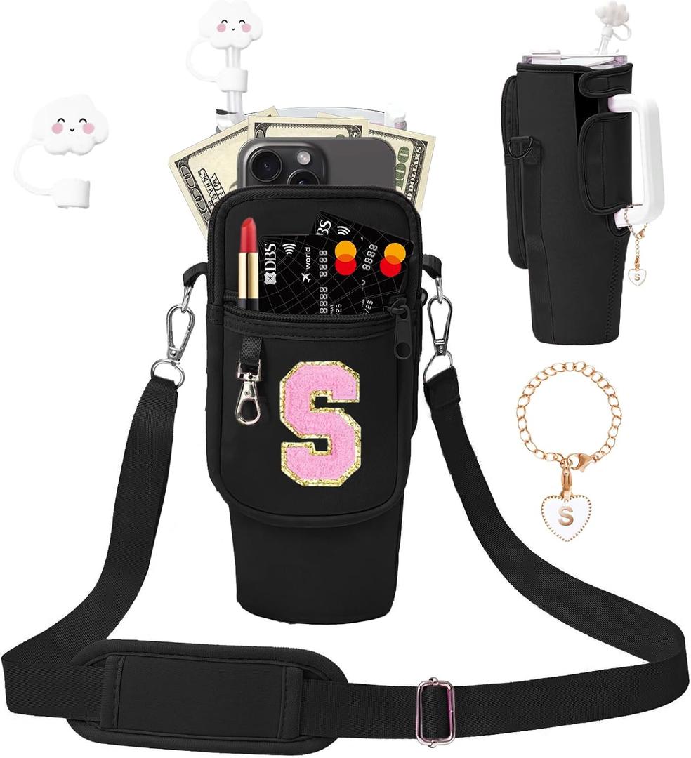 Initial A-Z Carrier Bag for Stanley Cup 40 oz, Stanley Cup Holder with Strap for Stanley 40 oz Tumbler with Handle, Stanley Cup Accessories with Stanley Cup Straw Cover - Spill Stopper - Letter Charm