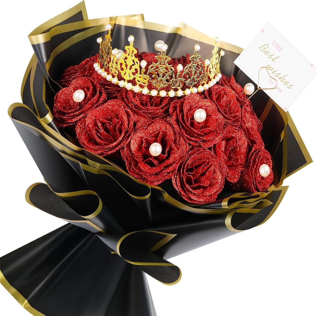 TLY Glitter Roses Bouquet Red Roses Artificial Flowers with Flower Wrapping Paper Crowns Cards for Valentine's Day Nurses Day Graduation Anniversary Engagement Wedding
