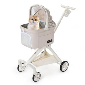 TT Lightweight Pet Stroller for Small Dogs & Cats - 4-Way Installation Carrier, One-Hand Fold, 180 Canopy Cover & Adjustable Handle (Beige)