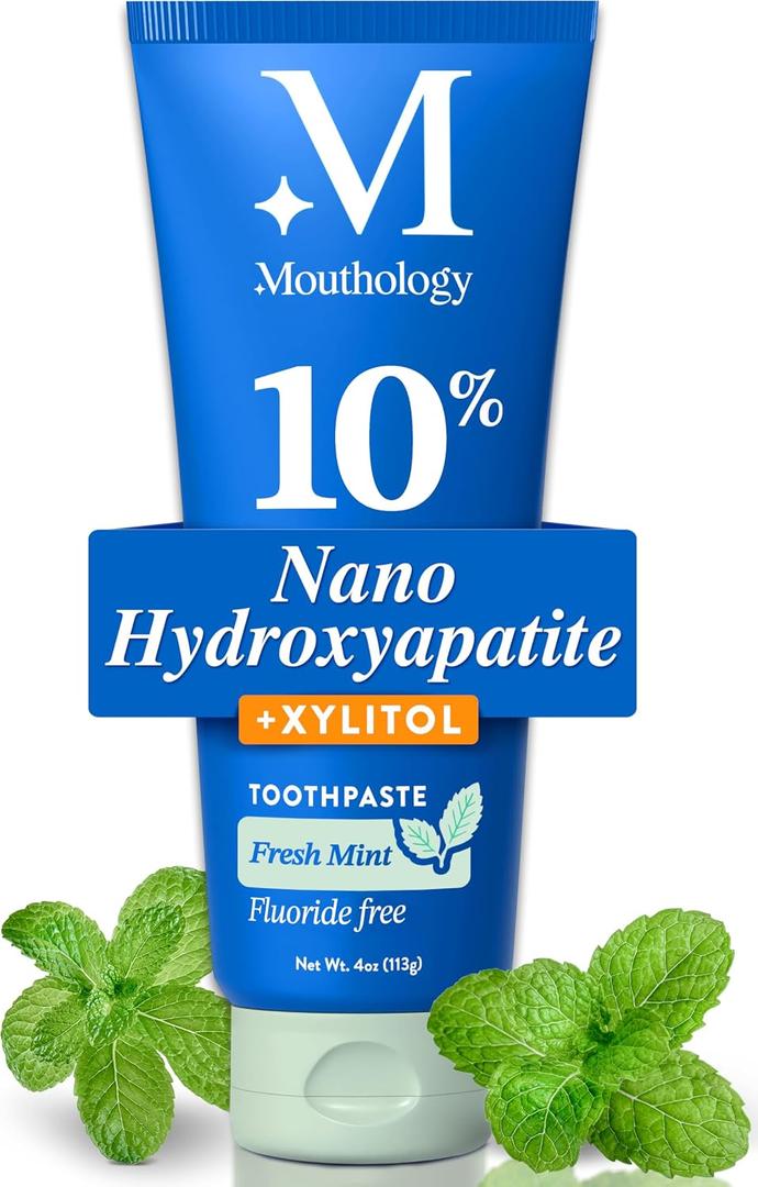 Mouthology 10% Nano Hydroxyapatite Toothpaste Fluoride Free, Whitening*, Rod Shaped nHa, Xylitol Toothpaste for Adults, Enamel Care*, Sensitive Teeth*, SLS Free, Mint 4oz (USA Made) Package May Vary