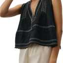 Women Y2k Embroidered Floral Swing Crop Tank Top Summer V Neck Linen Going Out Cropped Vest Beachwear (Black, L)