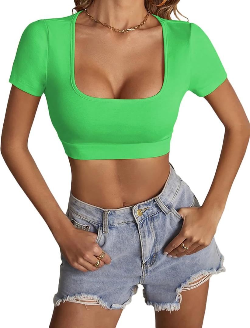 LYANER Women's Summer Crop Tops Square Neck Short Sleeve Workout Shirt Going Out Sexy Top Basic Slim Fit Tees (Large)
