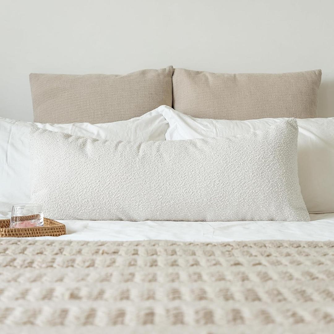 14x36 inch Boucle Lumbar Pillow Cover, Cream White Woven Texture Neutral Long Pillow Cover Breathable Cushion Case for Couch Sofa Bed Living Room Home Decor (Cover Only)