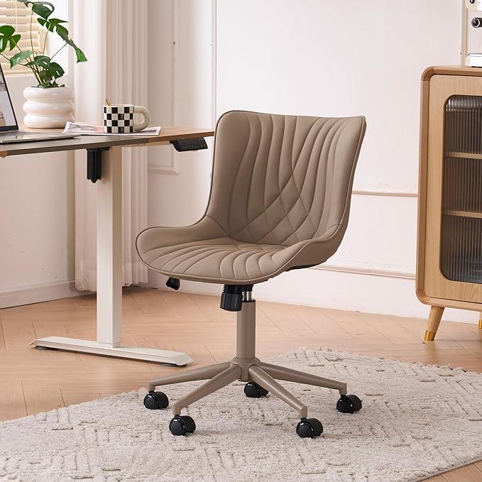 YOUTASTE All Khaki Office Chair, Modern Armless Desk Chair with Back, Adjustable Swivel Rolling Faux Leather Task Chair with Wheels Metal Base for Home Office, Study, or Vanity, 19.29"D x 19.68"W x 36.6"H