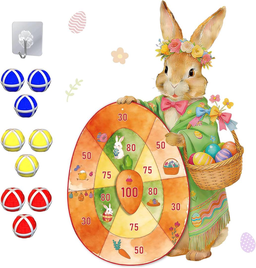 30 Easter Games Bunny Dart Board with Sticky Balls Hanging Hook Set for Easter Party Supplies Indoor/Outdoor Sport Fun Party Games