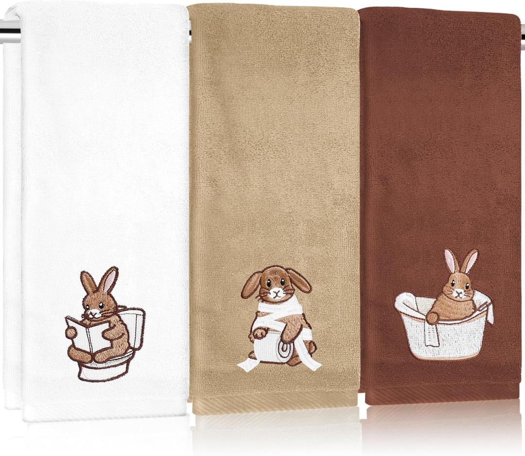 FYSUIMU 3 Pcs Easter Bath Towels Embroidered Brown Bunny Rabbit Absorbent Hand Towels for Bathroom Kitchen Spring Hand Drying Baking Cooking Home Decor, 29.5 x13.7 Inch