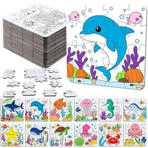 Realspring 21 Pack Under The Sea Color Your Own Jigsaw Puzzles for Kids 3-5, 4-6, 6-8, Coloring Crafts DIY Paper Puzzles Party Favors Gifts for Toddler Children Learning Education Toys
