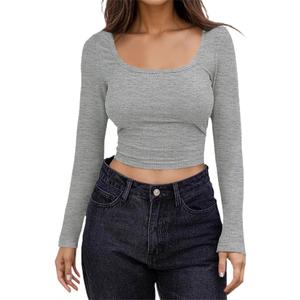 MEROKEETY Women's Sexy Long Sleeve Low Cut Fitted Basic Shirts Solid Color Fall Crop Top T-Shirt, Grey, S