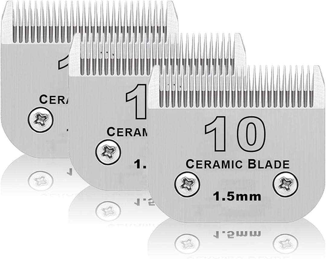 3 Pack 10# Detachable Pet Dog Grooming Ceramic Blades,Compatible with Andis,Oster A5,Wahl KM-10 Series,Size #10 Blade 1/16-Inch 1.5MM Cut Length