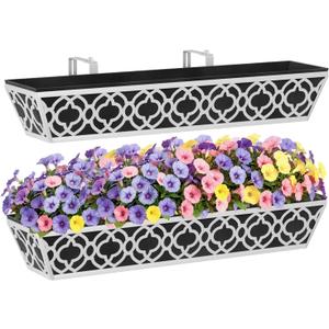 HFHOME 2 Pack 30 Inch Railing Planter Boxes with Adjustable Brackets & Non-Woven Fabric Liner Adjustable Gray Metal Window Box Planter for Balcony Deck Fence, Hanging Flower Basket for Outdoor Garden