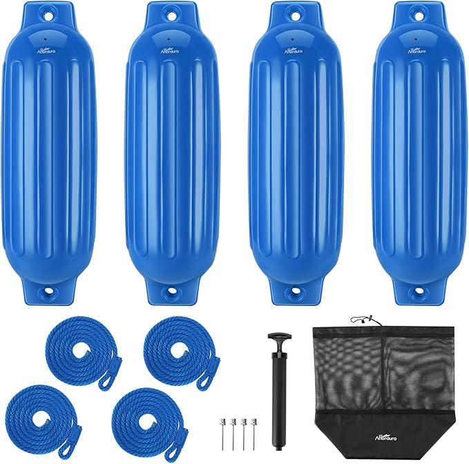 Affordura Boat Fender 4 Pack Boat Bumpers Fenders with 4 Ropes, Boat Bumpers for Pontoon Boat Fenders Inflatable (Blue, 6.5 inch)