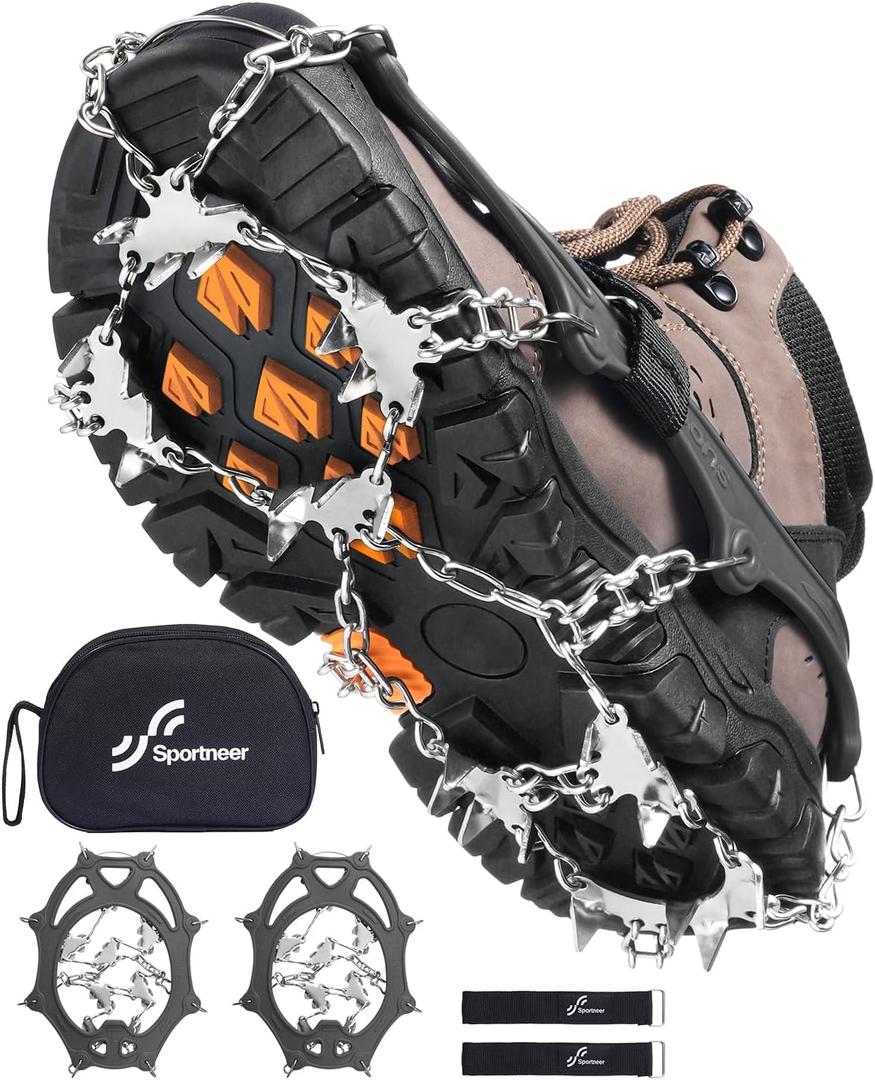 Sportneer Crampons： Ice Cleats for Shoes and Boots with 28 Spikes - Traction Slip-on Stretch Footwear for Walking and Shoveling on Ice and Snow - Lightweight for Women and Men